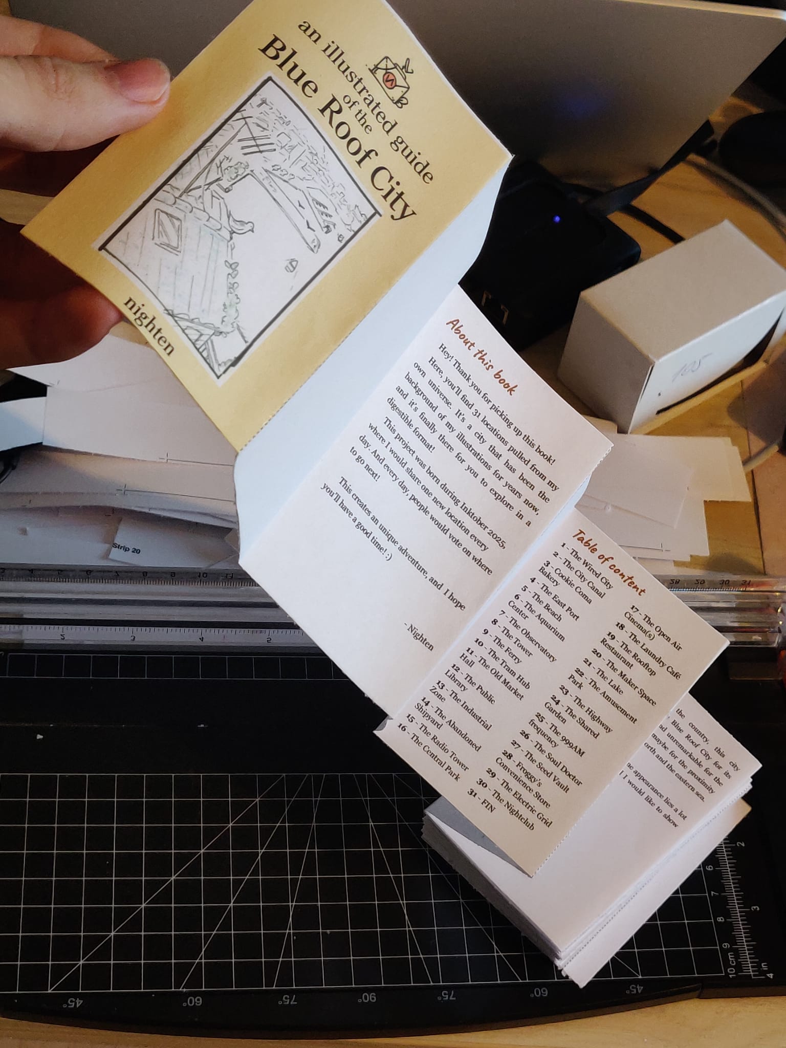The unfolded Blue Roof City zine, showing its illustrated cover and accordion pages